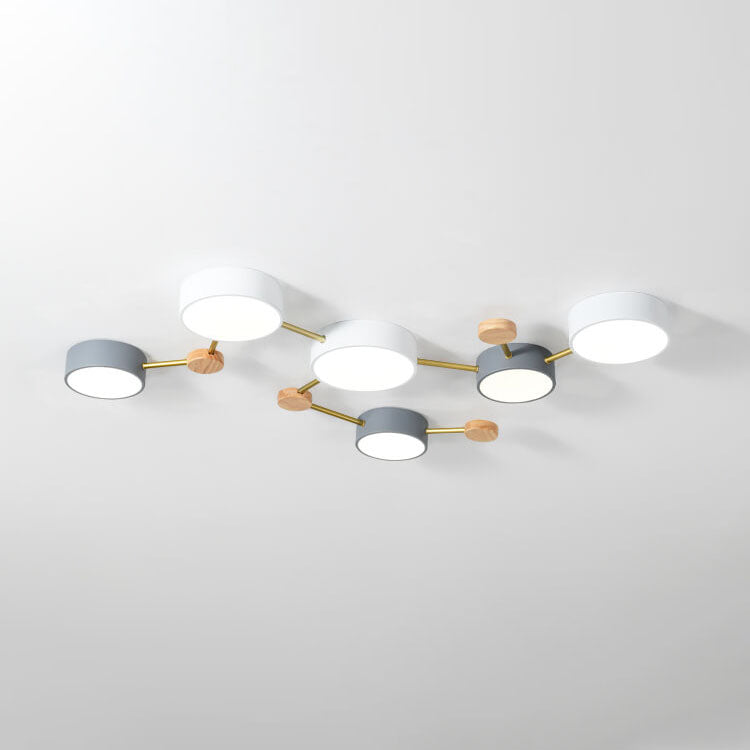 Scandinavian Minimalist Oak Wood and Iron LED Flush Mount Light Fixture