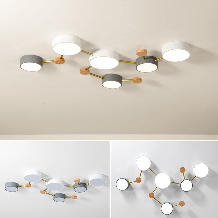 Scandinavian Minimalist Oak Wood and Iron LED Flush Mount Light Fixture