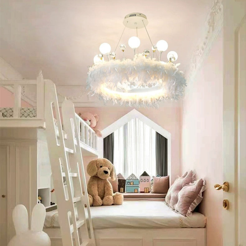 Modern White Acrylic Crown LED Chandelier with Feather Decor for Living Room