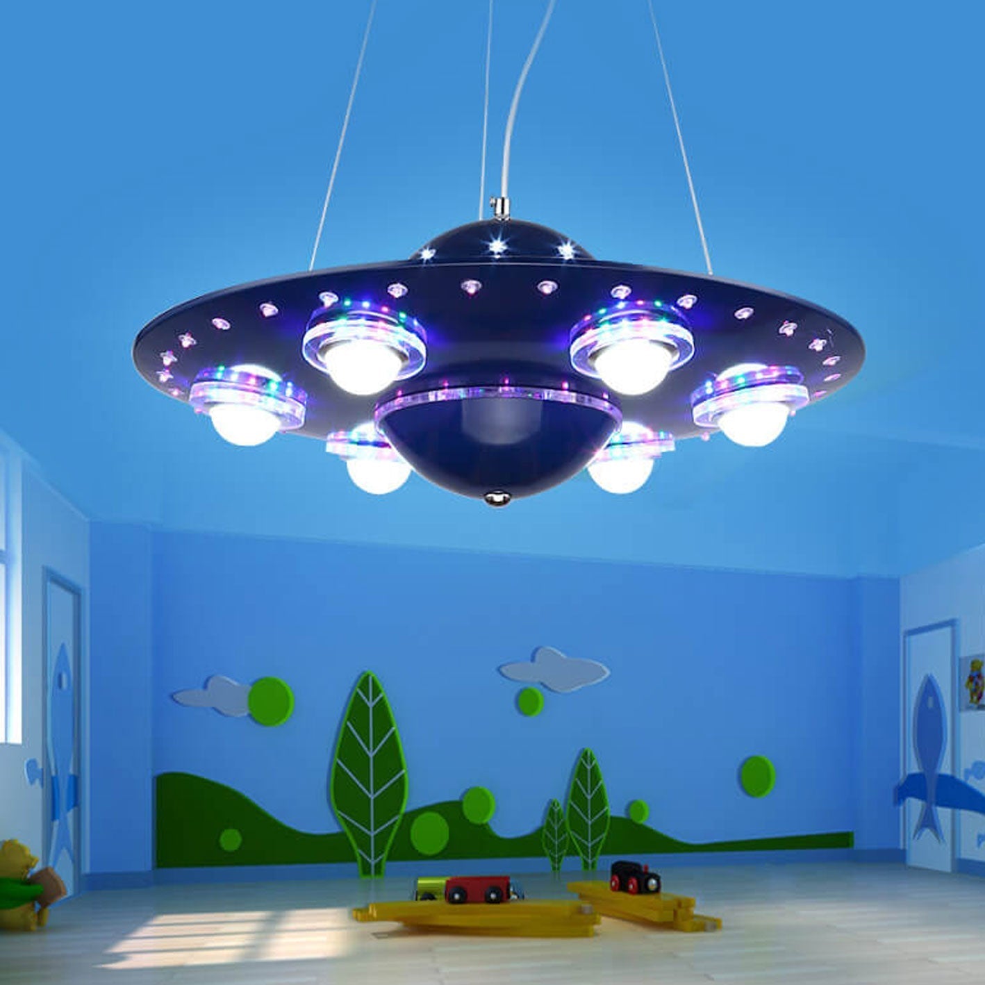 Colorful Cartoon UFO LED Chandelier Light for Kids' Room Decor
