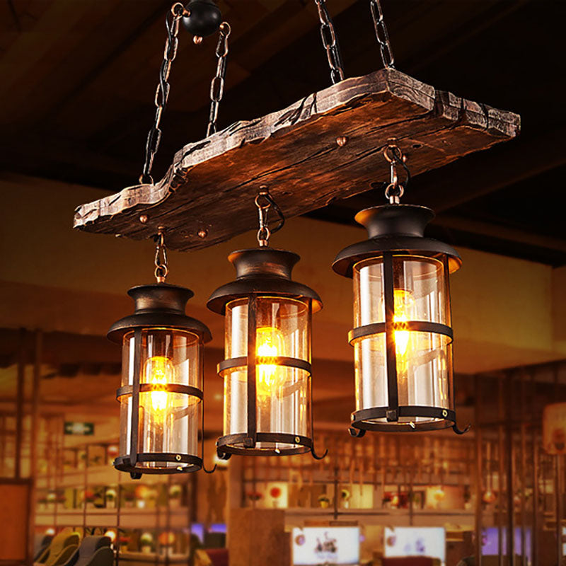 Rustic Wooden Strip Iron 3-Light Chandelier for Farmhouse Dining Room