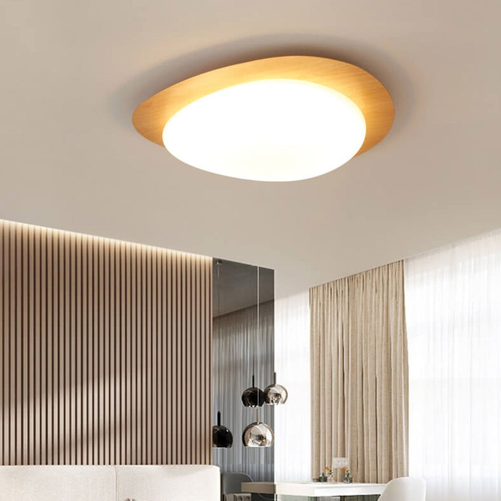 Nordic Oak Wood Grain Pebble LED Flush Mount Light for Living Room