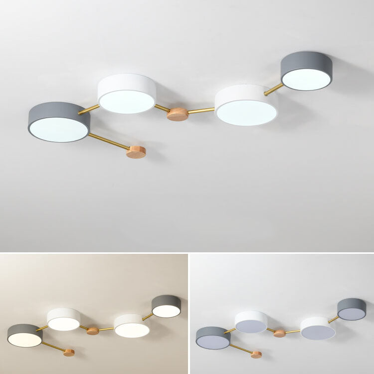 Scandinavian Minimalist Oak Wood and Iron LED Flush Mount Light Fixture