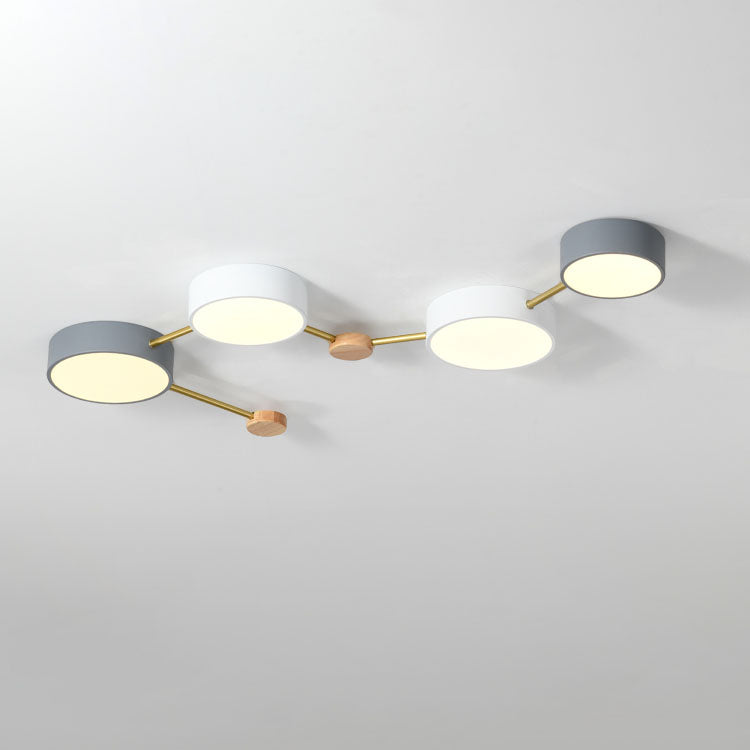 Scandinavian Minimalist Oak Wood and Iron LED Flush Mount Light Fixture