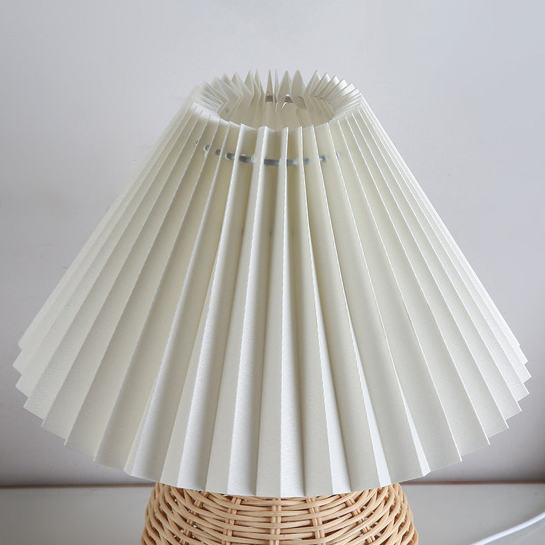 Scandinavian Rattan Pleated Conic LED Table Lamp for Modern Bedrooms