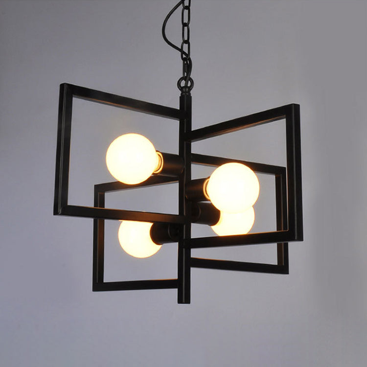 Minimalist Black Iron Square Chandelier with 4 Lights for Living Room