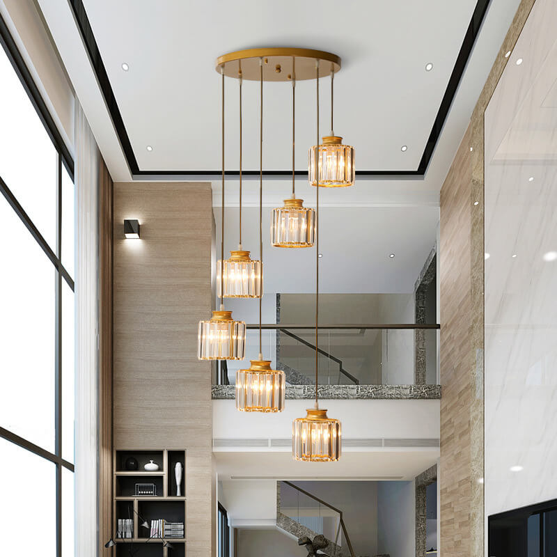 Elegant Modern Colorful Crystal 6-Light Cylindrical Stairway Chandelier