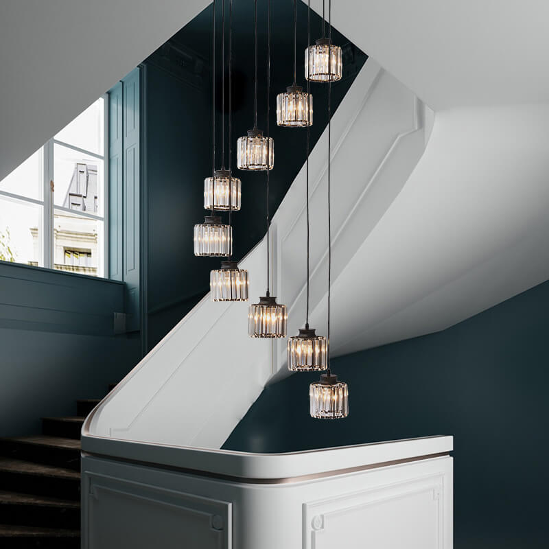 Elegant Modern Colorful Crystal 6-Light Cylindrical Stairway Chandelier