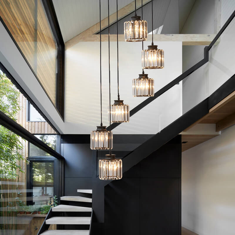 Elegant Modern Crystal 6-Light Cylindrical Chandelier for Stairway