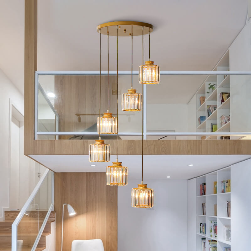 Elegant Modern Crystal 6-Light Cylindrical Chandelier for Stairway