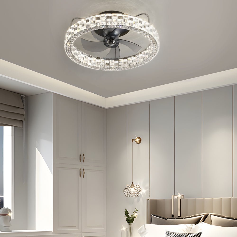 Modern White Crystal LED Semi-Enclosed Ceiling Fan for Living Room