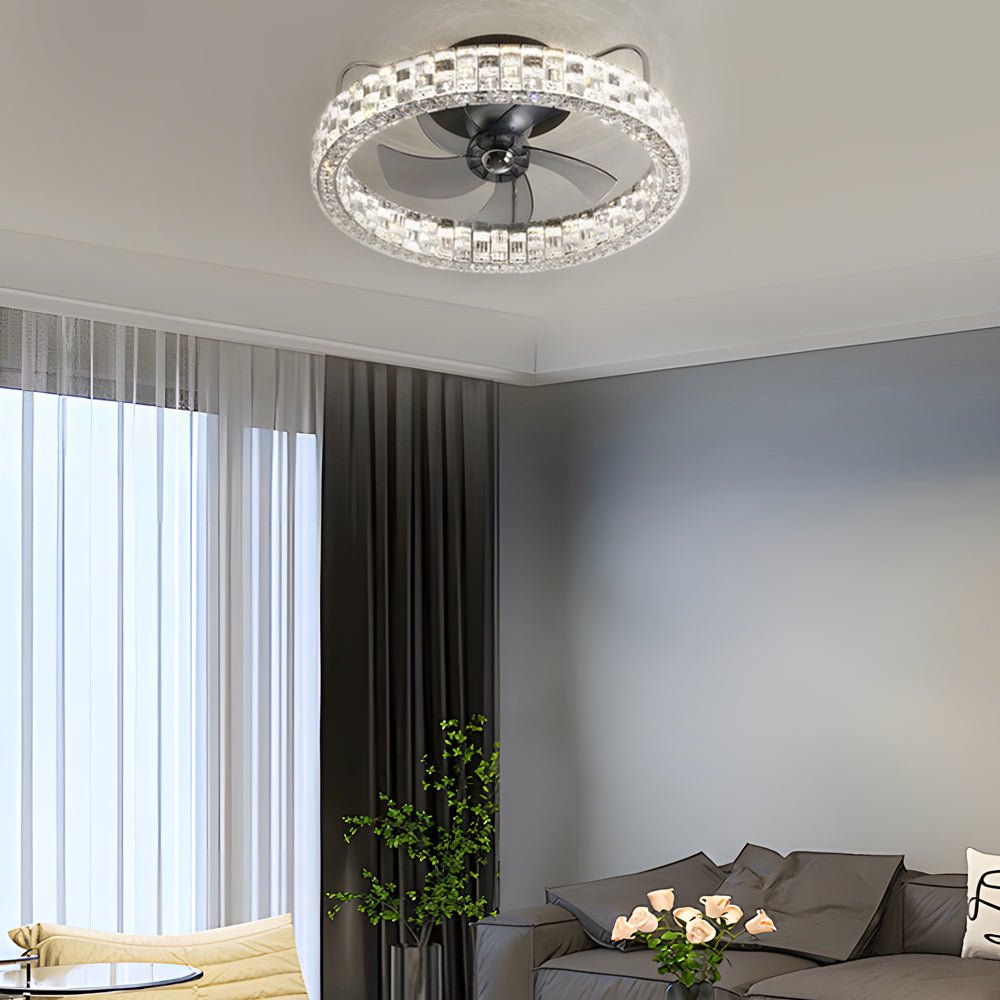 Modern White Crystal LED Semi-Enclosed Ceiling Fan for Living Room