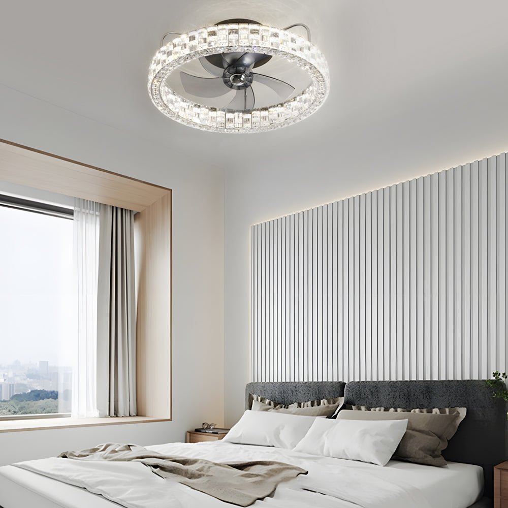 Modern White Crystal LED Semi-Enclosed Ceiling Fan for Living Room