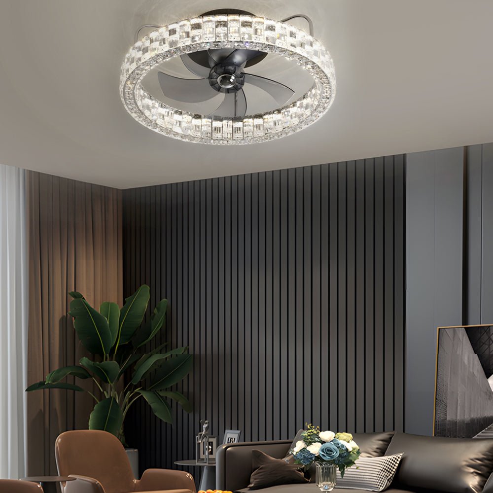Modern White Crystal LED Semi-Enclosed Ceiling Fan for Living Room