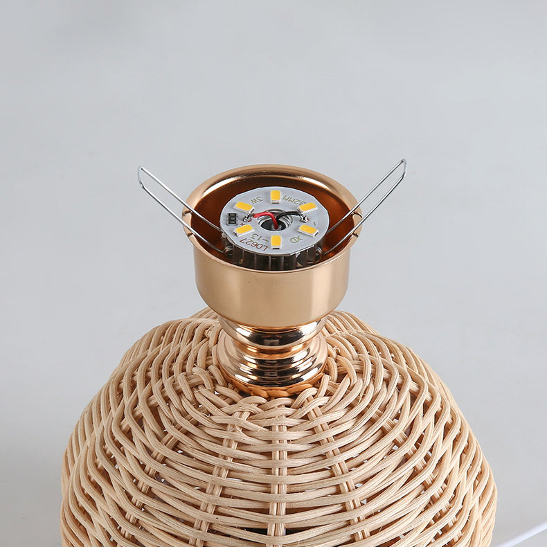 Scandinavian Rattan Pleated Conic LED Table Lamp for Modern Bedrooms