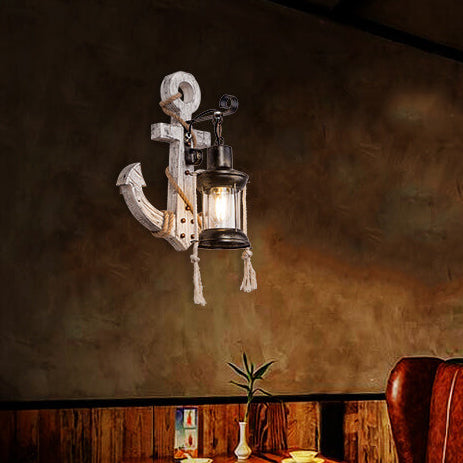 Rustic Industrial Wooden Boat Anchor Wall Sconce Light for Nautical Decor