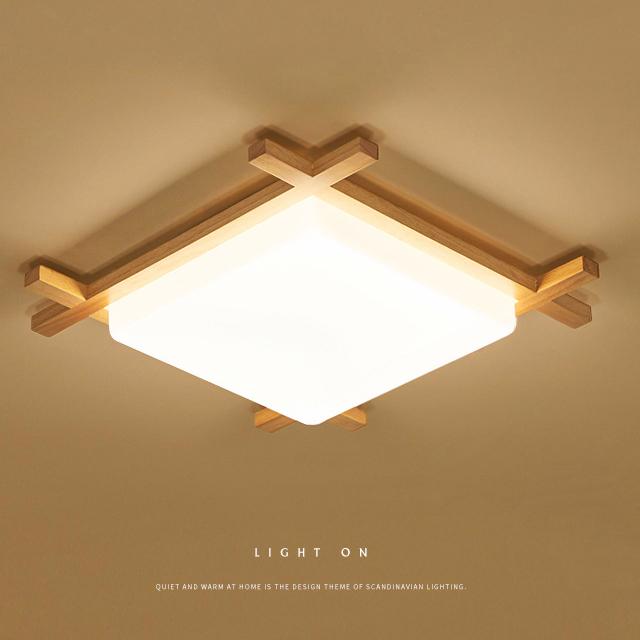 Elegant Japanese Wood and Acrylic LED Flush Mount Light for Bedrooms