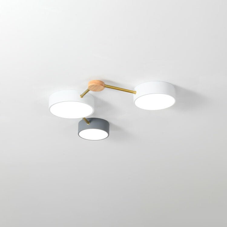 Scandinavian Minimalist Oak Wood and Iron LED Flush Mount Light Fixture