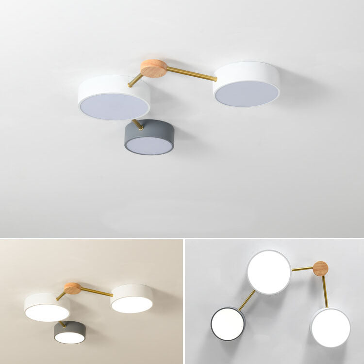 Scandinavian Minimalist Oak Wood and Iron LED Flush Mount Light Fixture