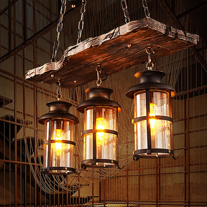 Rustic Wooden Strip Iron 3-Light Chandelier for Farmhouse Dining Room