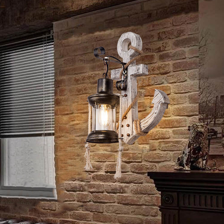 Rustic Industrial Wooden Boat Anchor Wall Sconce Light for Nautical Decor