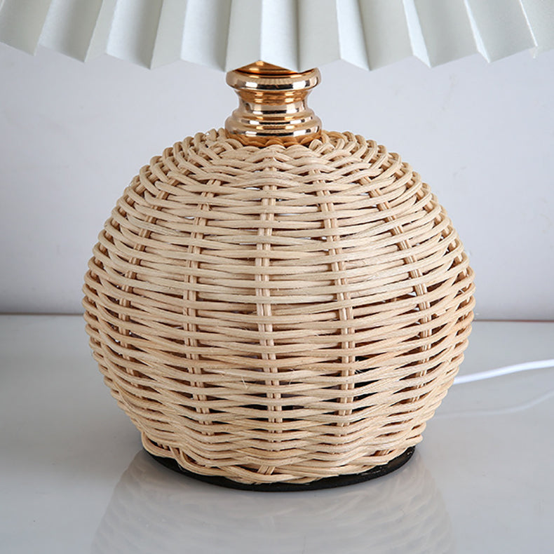 Scandinavian Rattan Pleated Conic LED Table Lamp for Modern Bedrooms