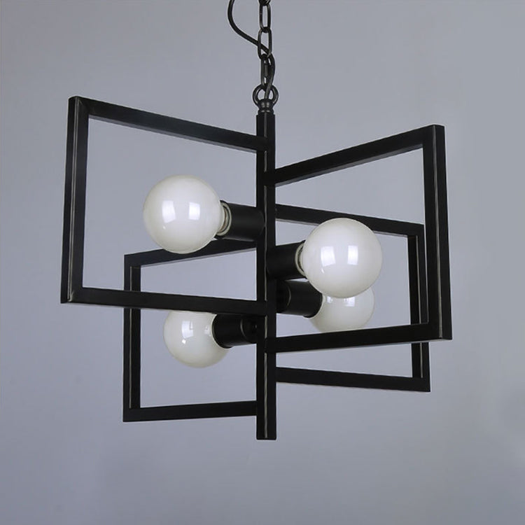 Minimalist Black Iron Square Chandelier with 4 Lights for Living Room