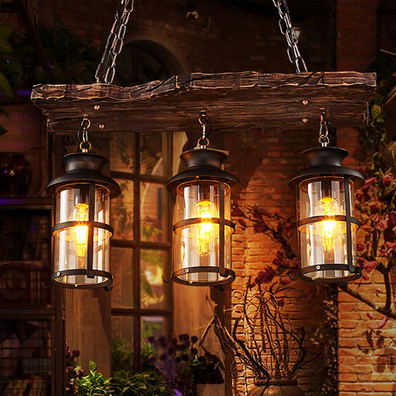 Rustic Wooden Strip Iron 3-Light Chandelier for Farmhouse Dining Room