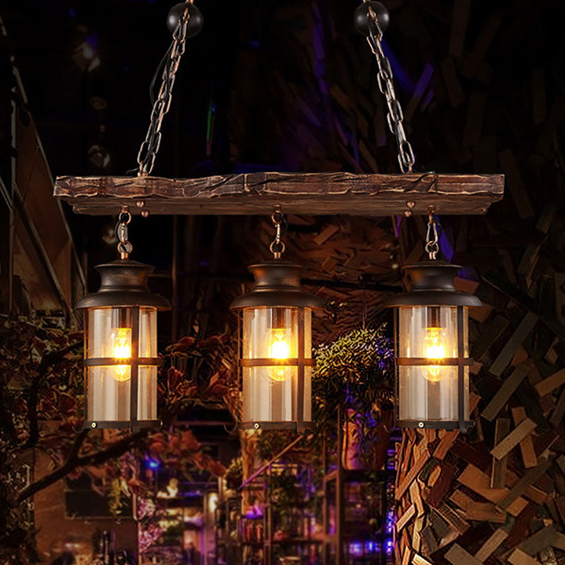Rustic Wooden Strip Iron 3-Light Chandelier for Farmhouse Dining Room
