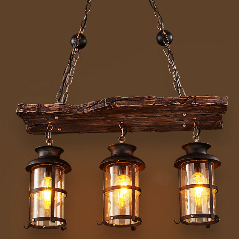 Rustic Wooden Strip Iron 3-Light Chandelier for Farmhouse Dining Room