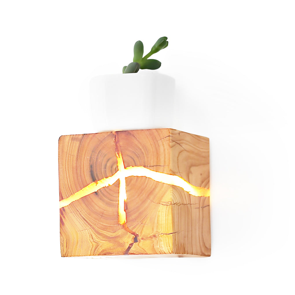 Rustic Cracked Wood Grain Square Wall Sconce Light for Bedroom Living Room