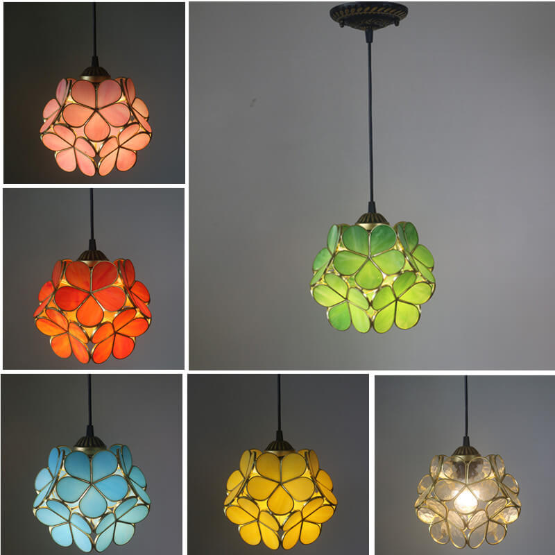 Antique Rose Stained Glass 1-Light Pendant Fixture for Dining Room