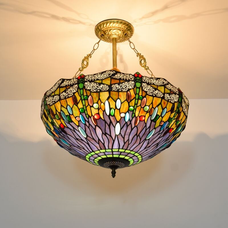 Antique Tiffany Dragonfly Stained Glass 3-Light Chandelier for Dining Room