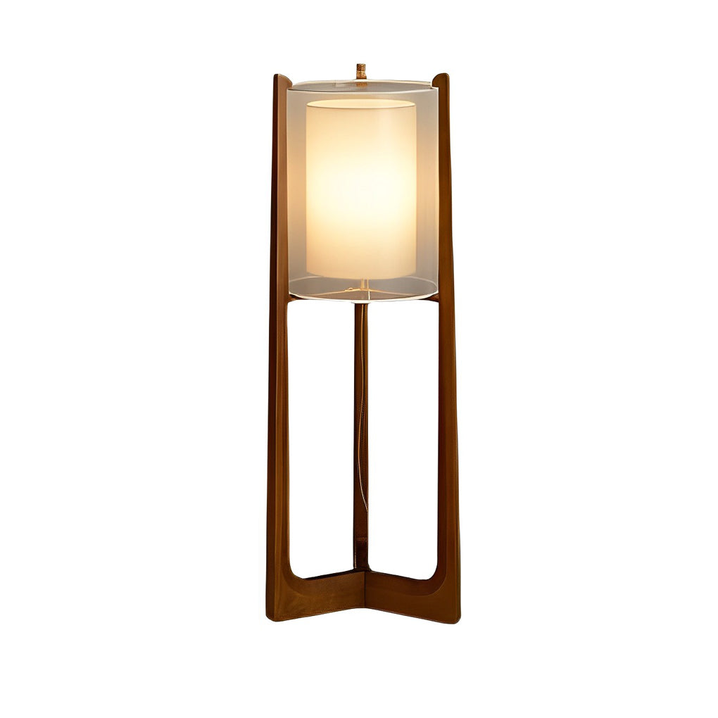 Rustic Japanese Wood LED Floor Lamp with Double Shades for Living Room