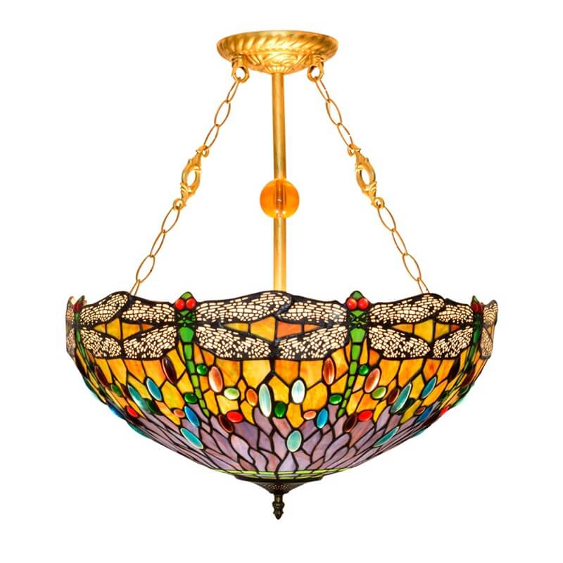 Antique Tiffany Dragonfly Stained Glass 3-Light Chandelier for Dining Room