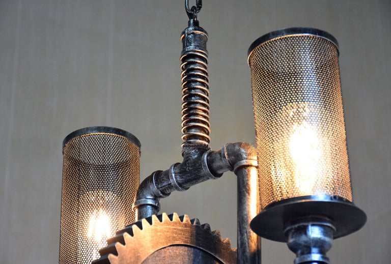 Rustic Vintage Industrial Iron Gear 2-Light Chandelier for Loft Spaces