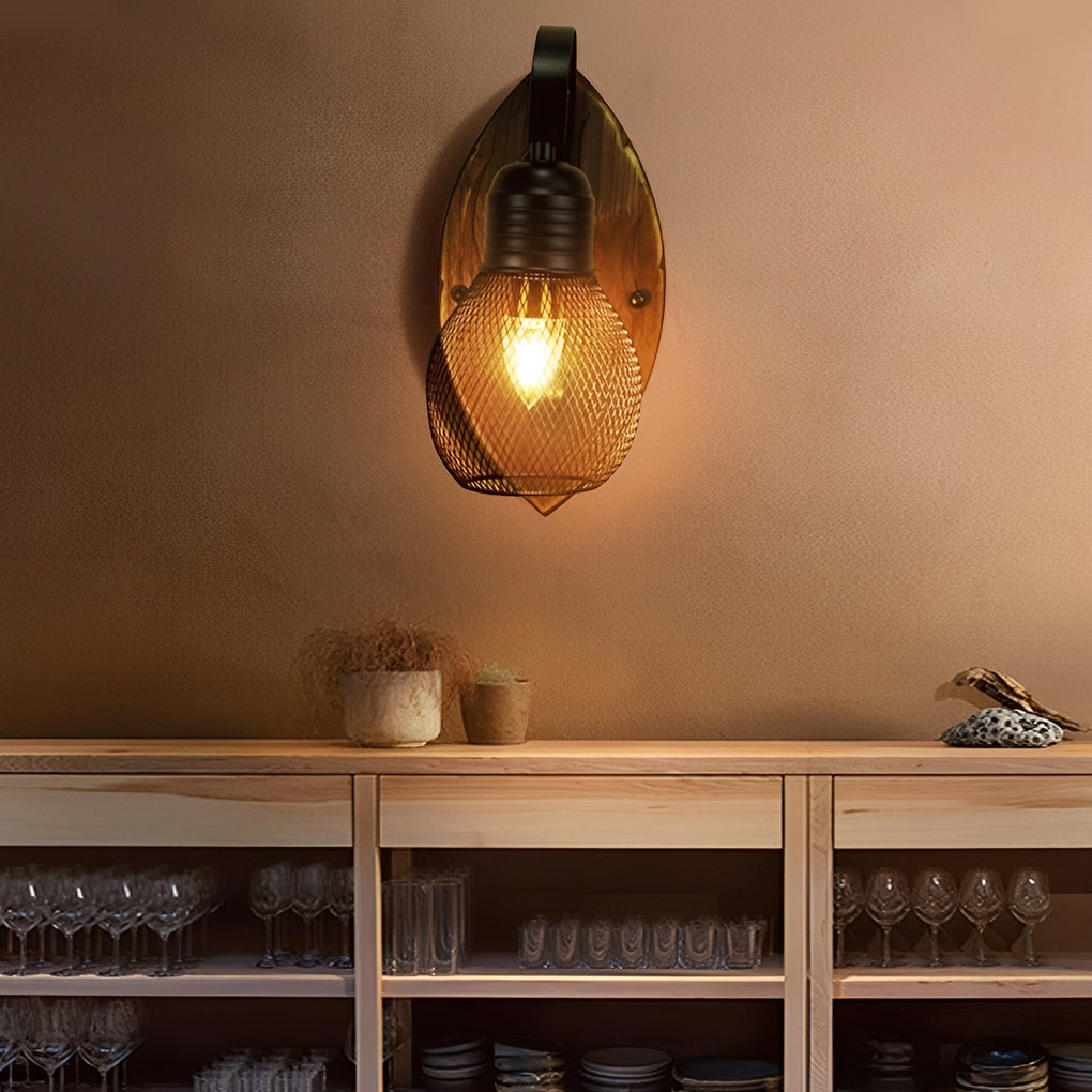 Black Industrial E27 Wall Lamp with Rustic Antique Wood & Iron Design