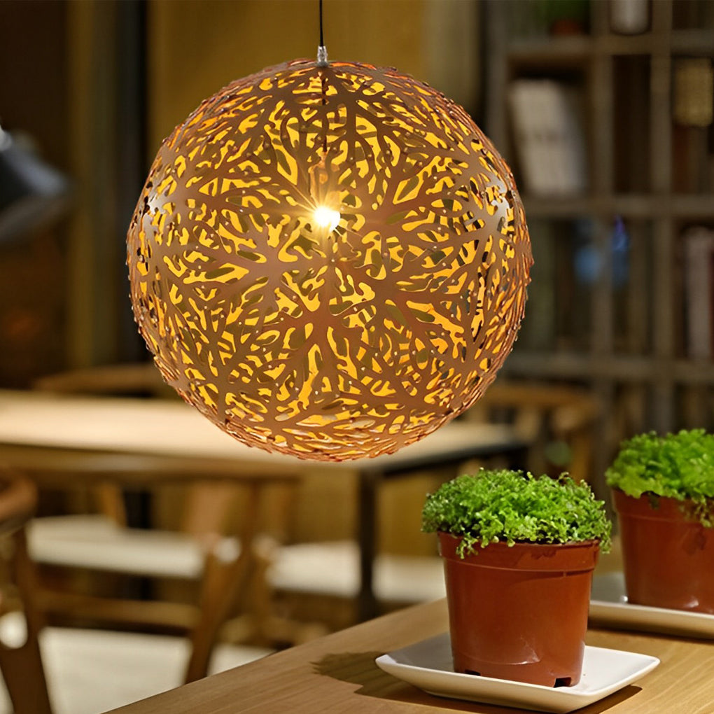 Modern Natural Basswood Hollowed Ball LED Chandelier for Home Decor