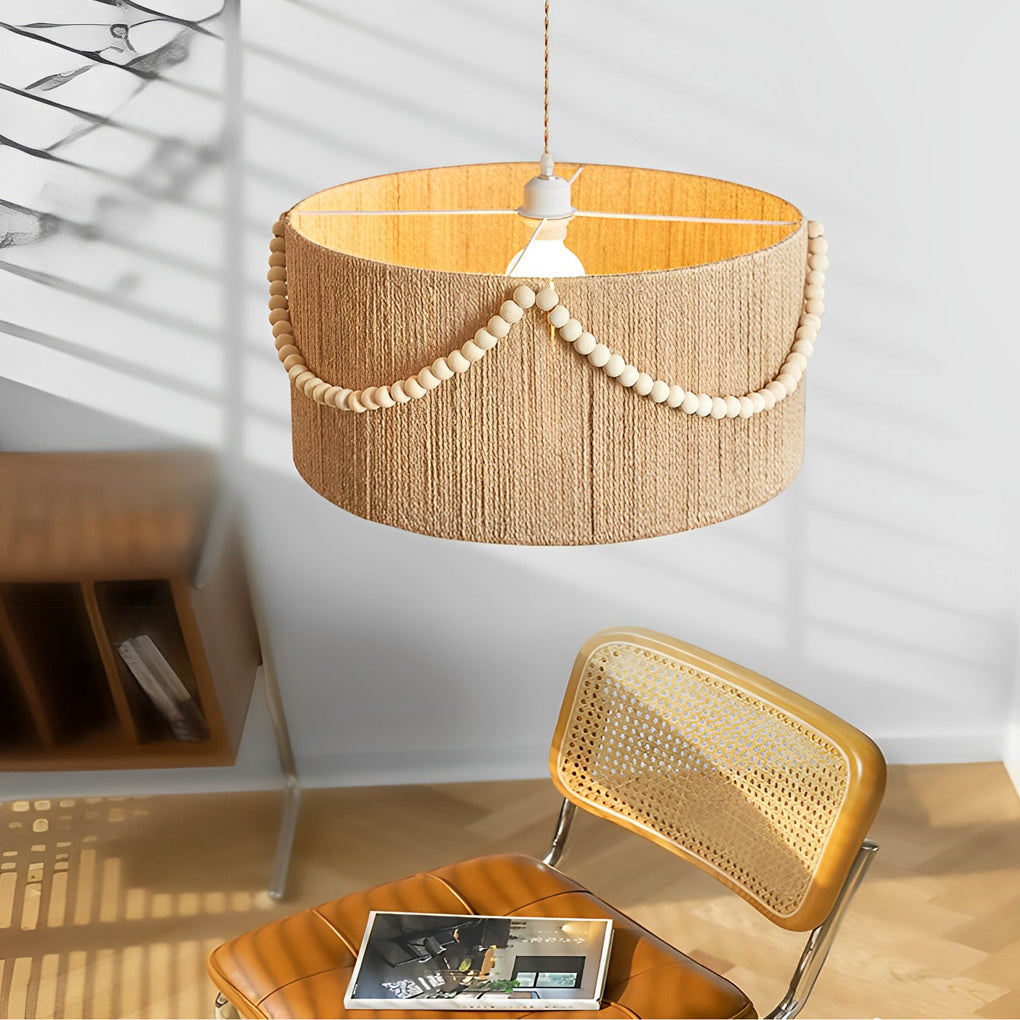 Boho Round Twine Rope Chandelier Pendant Light with Wood Beads & Tassels