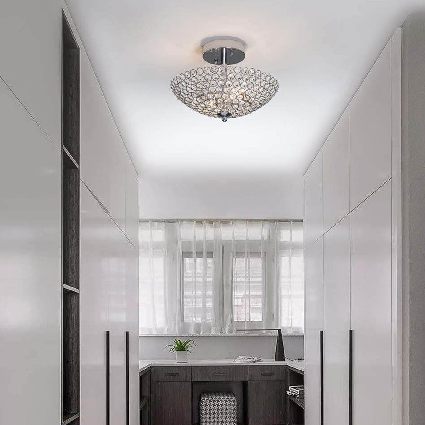 Modern Minimalist Half Circle Crystal 2-Light Chandelier Flush Mount Ceiling Light
