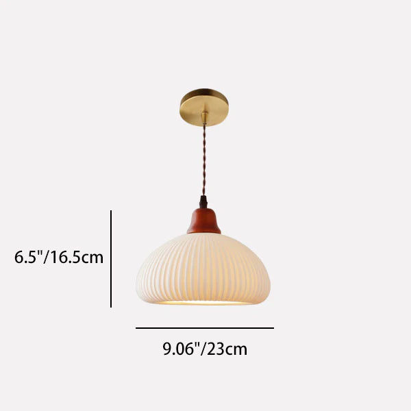 Japanese Ceramic Pleated Dome Pendant Light in Wood & Iron for Home