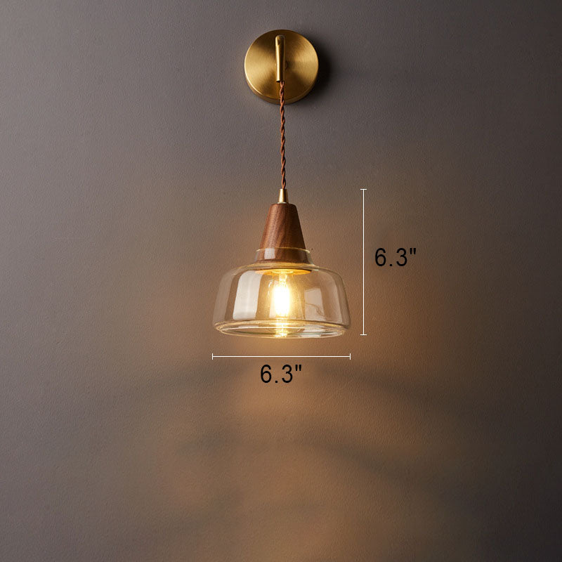 Rustic Japanese Walnut Glass Copper Cylinder Wall Sconce for Entryway