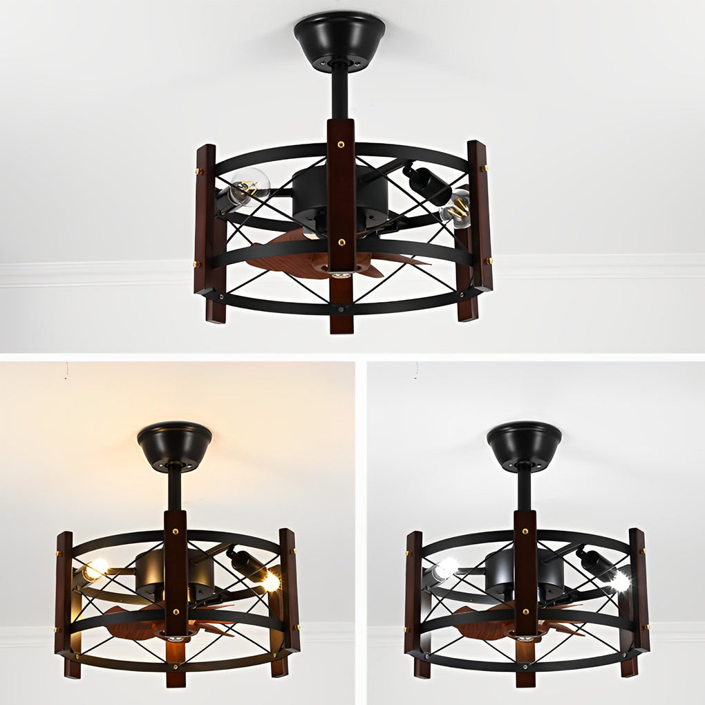 Vintage Black Metal Bladeless Ceiling Fan with Chandelier for Living Room