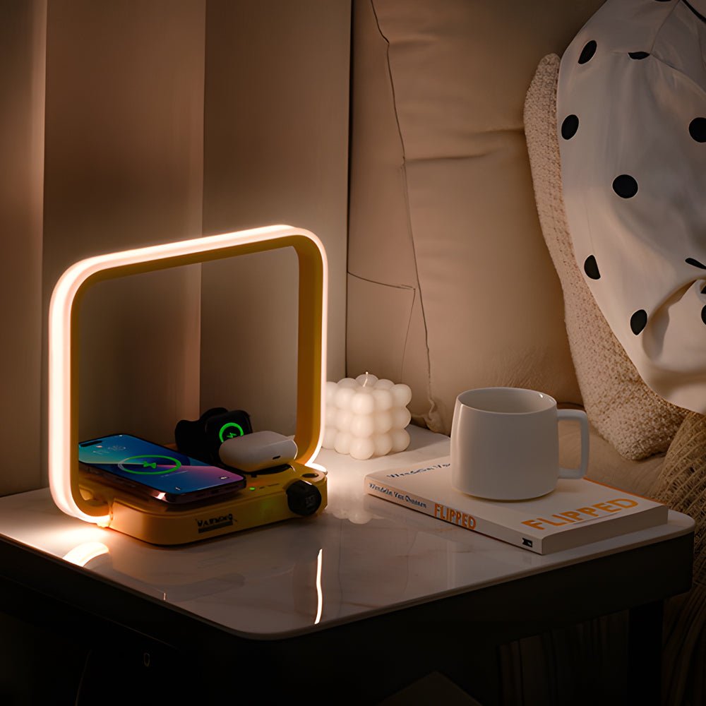 Modern White LED Touch Bedside Lamp with Wireless Charging & Timer
