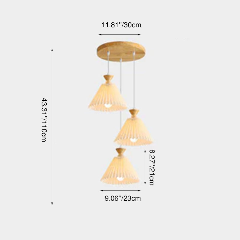 Traditional Japanese Pleated Cone Rubberwood Chandelier for Living Room