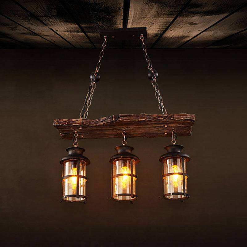 Rustic Wooden Strip Iron 3-Light Chandelier for Farmhouse Dining Room