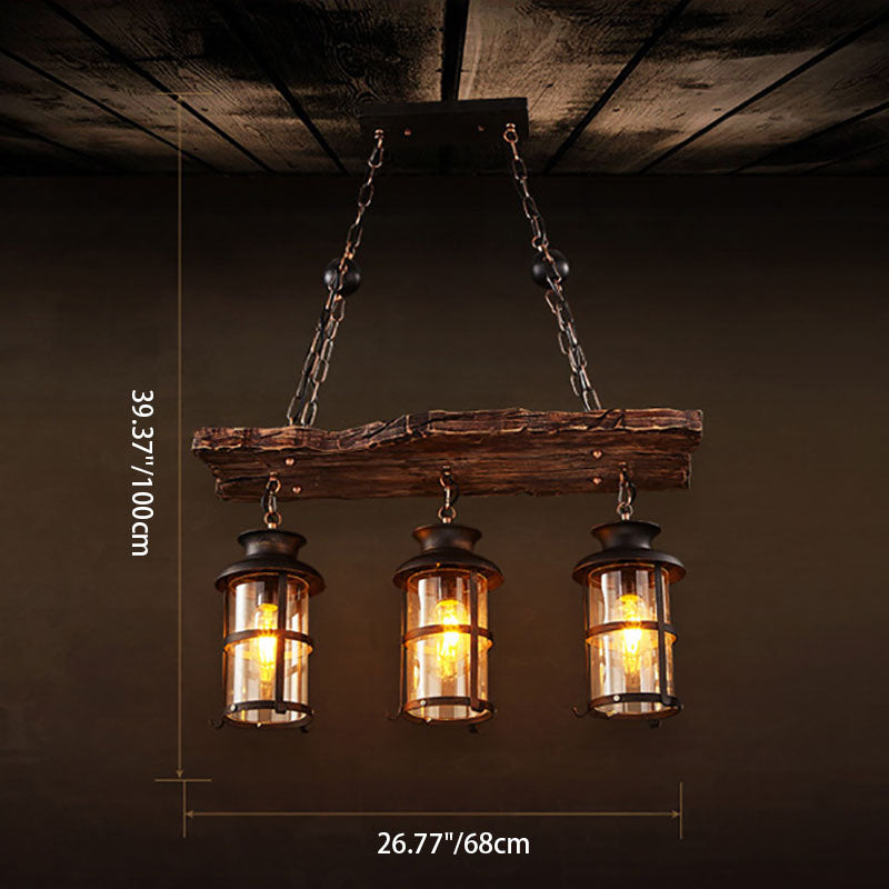 Rustic Wooden Strip Iron 3-Light Chandelier for Farmhouse Dining Room