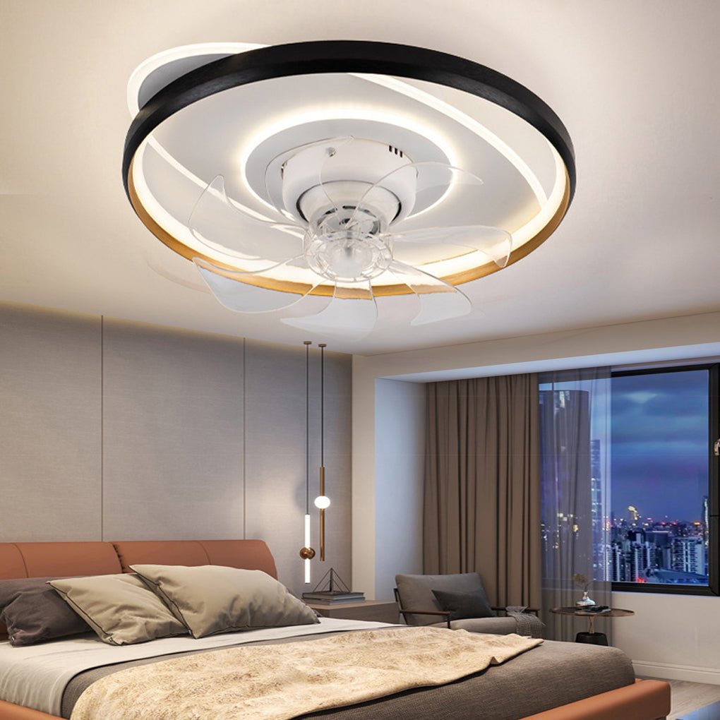 Modern White Flush Mount Ceiling Fan with Dimmable LED Light for Living Room