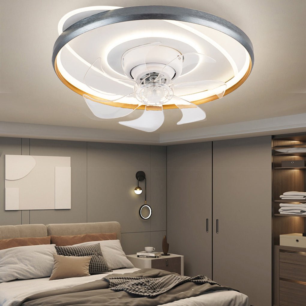 Modern White Flush Mount Ceiling Fan with Dimmable LED Light for Living Room