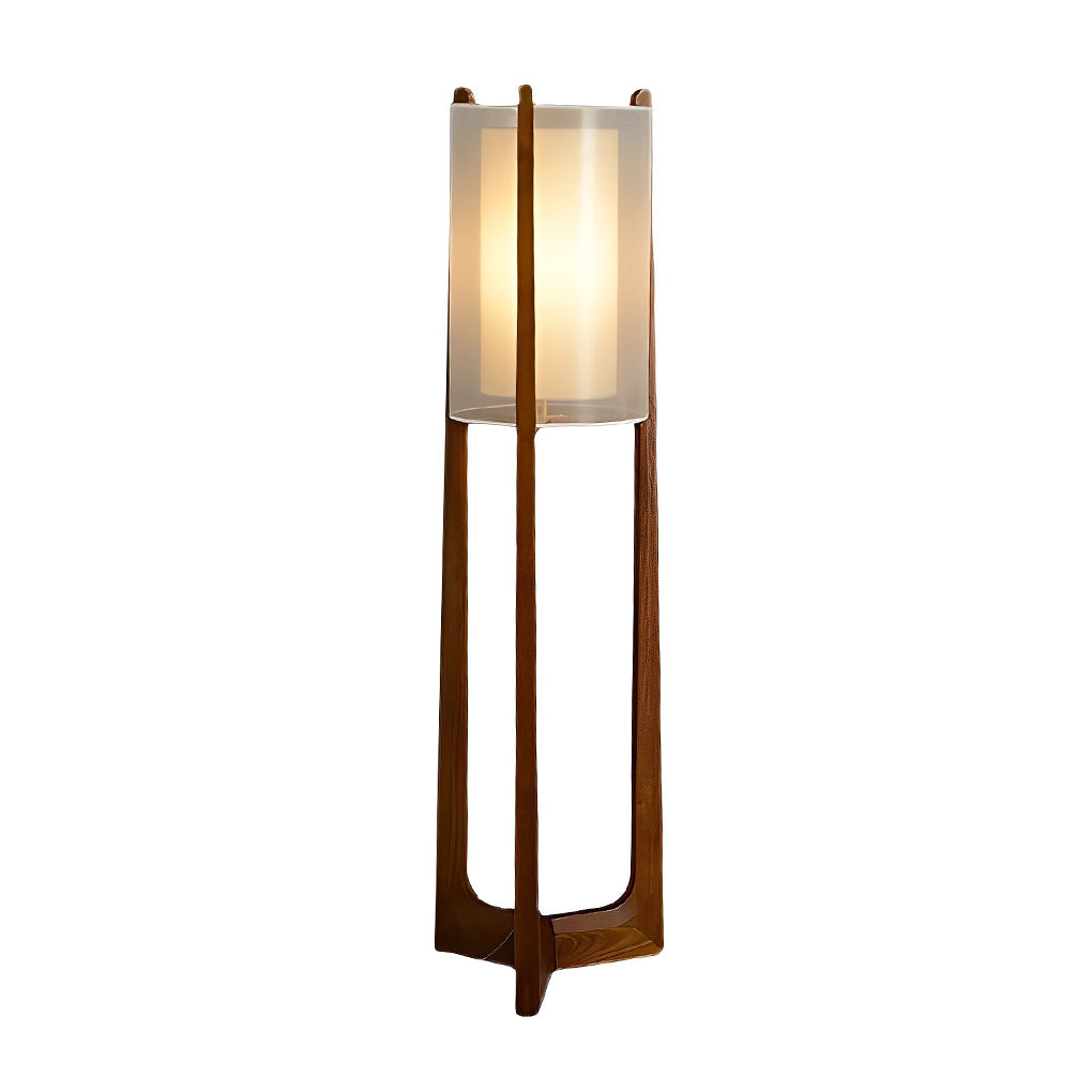 Rustic Japanese Wood LED Floor Lamp with Double Shades for Living Room